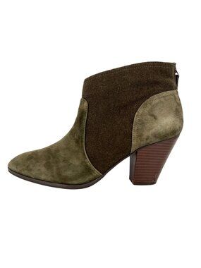 Violet & Red "Jean" Olive Suede Fabric Ankle Stack Heeled Booties Size 9.5